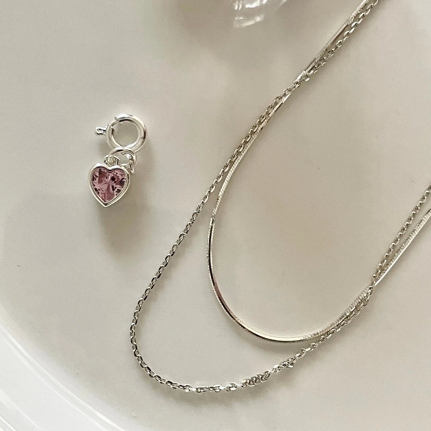 Pink heart silver double-layer necklace Fairysbox