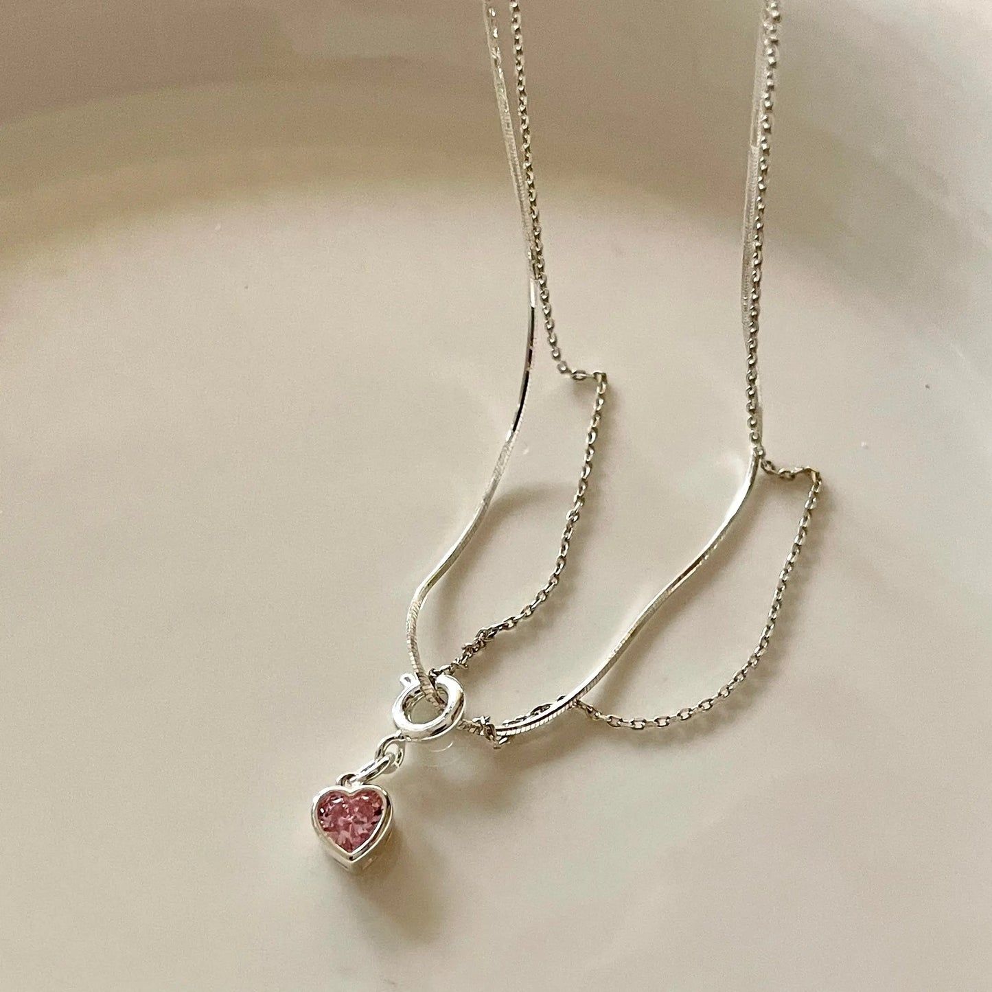 Pink heart silver double-layer necklace Fairysbox